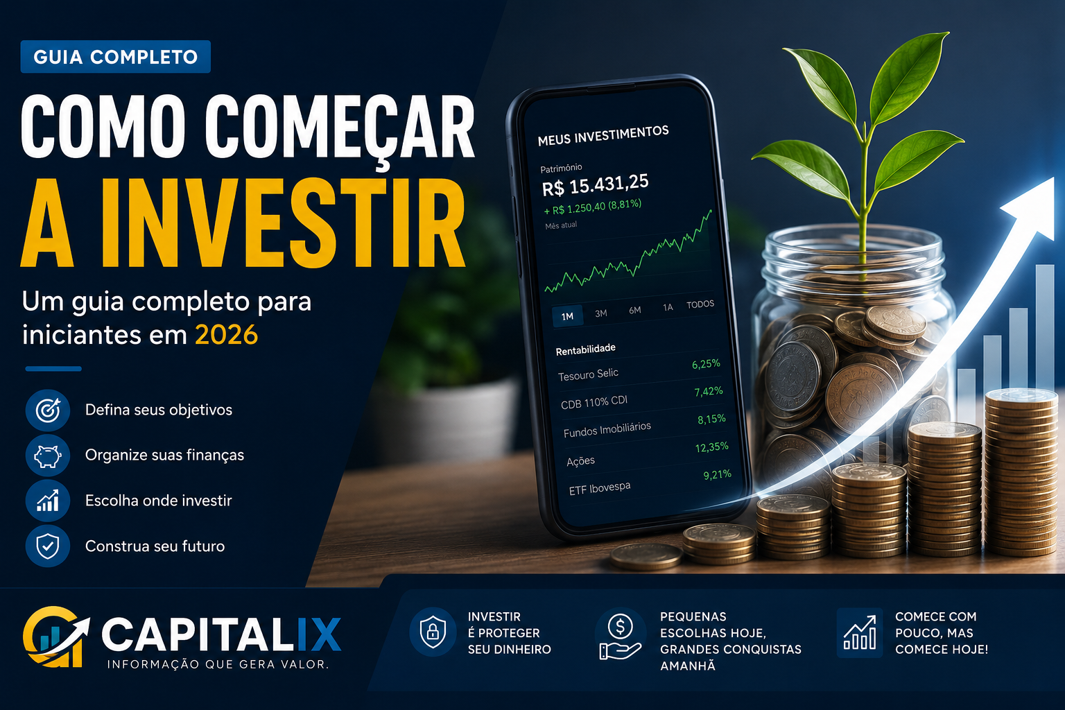 Descubra como começar a investir do jeito certo em 2026. Aprenda onde aplicar seu dinheiro, quanto investir e quais são as melhores opções para iniciantes.