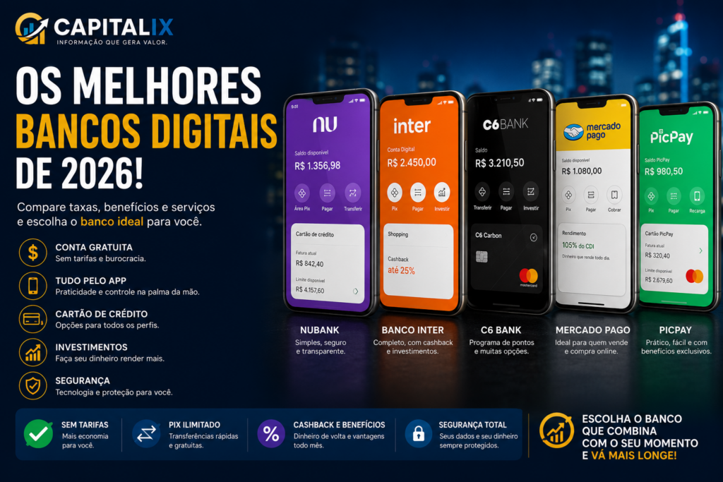 Os melhores bancos digitais de 2026: compare taxas, benefícios e serviços.