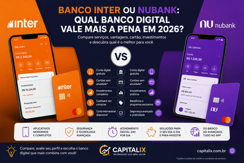 Banco Inter ou Nubank: qual banco digital vale mais a pena em 2026?