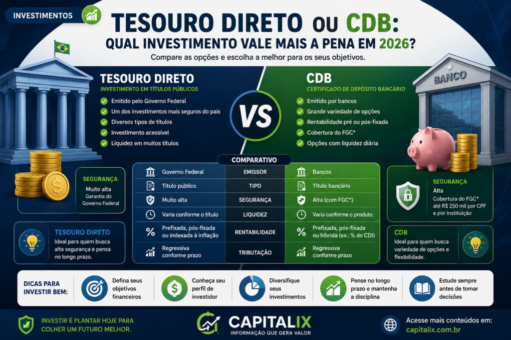 Tesouro Direto ou CDB: qual investimento vale mais a pena em 2026?